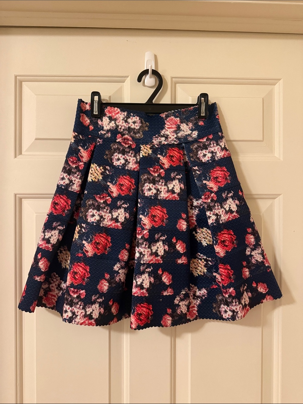 Floral Navy Pleated Skater Skirt - Red & Pink Roses